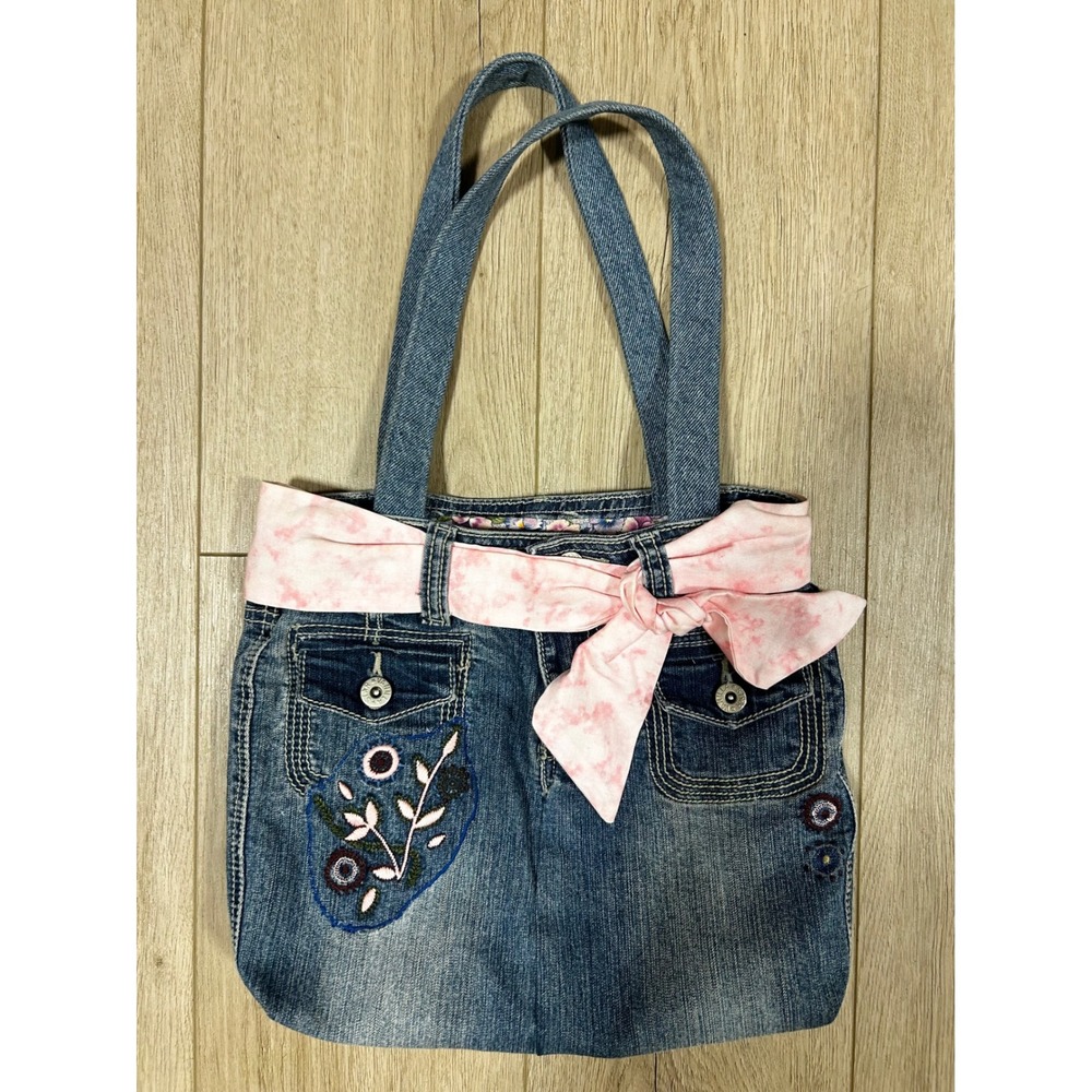 Vintage Y2K Upcycled Denim Floral Embroidered Tote Bag with Pink Sash Bow